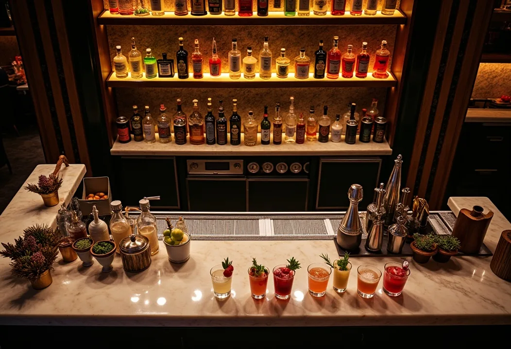 Aerial shot of luxurious cocktail bar counter with various tools and ingredients marble surface
