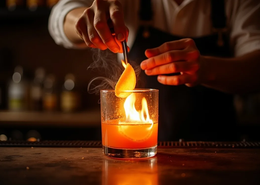 Bartender torching an orange peel over a smoky cocktail flames and sparks cinematic lighting