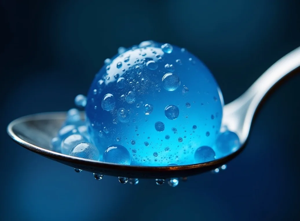 Glowing blue spherification caviar pearls bursting on a silver spoon macro