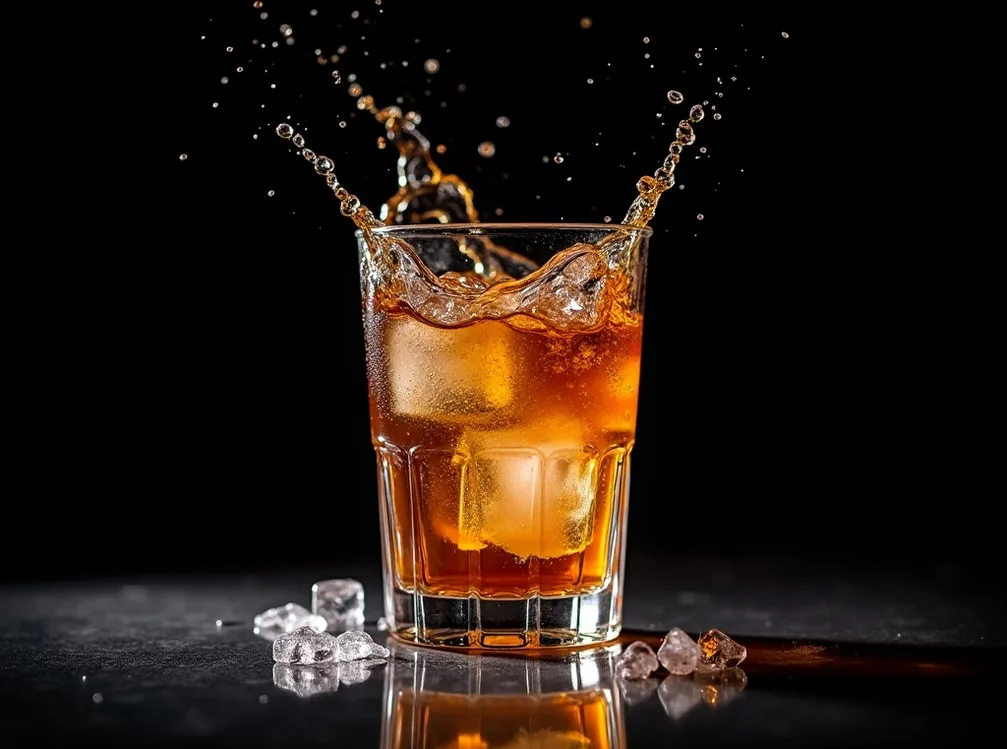 Dramatic splash of amber liquid into crystal glass with ice cubes frozen motion black background