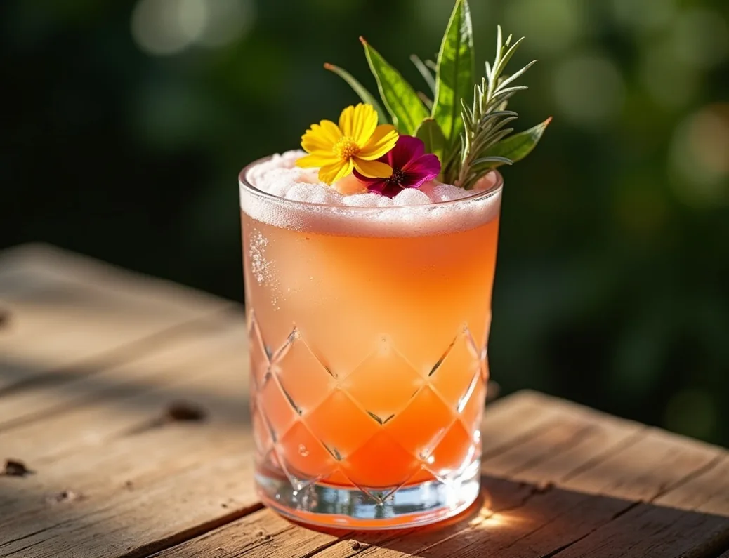 Exotic cocktail with edible flower foam and herb garnish on rustic wooden table