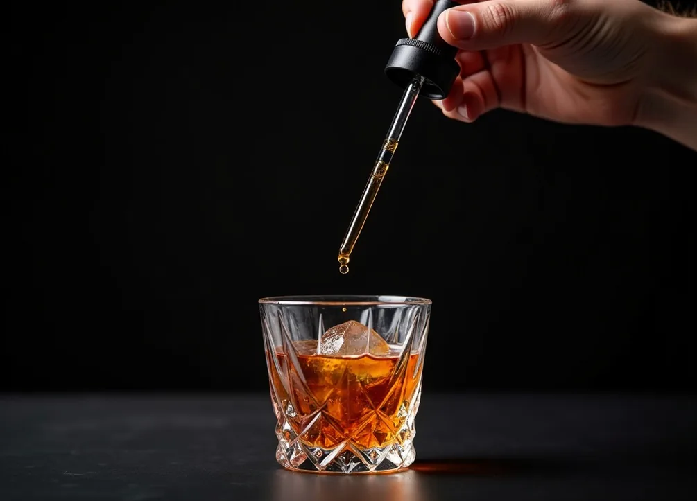 Hand holding a pipette dropping essence into a crystal cocktail glass with laboratory precision