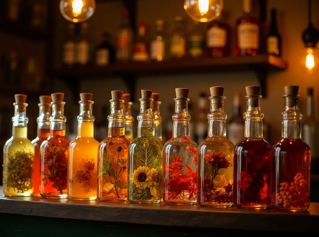 Vintage apothecary bottles with colorful infusions on wooden shelf speakeasy golden aesthetic