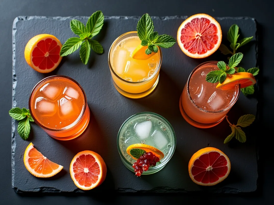 Top down view of colorful molecular cocktails arranged on black slate vibrant citrus garnishes